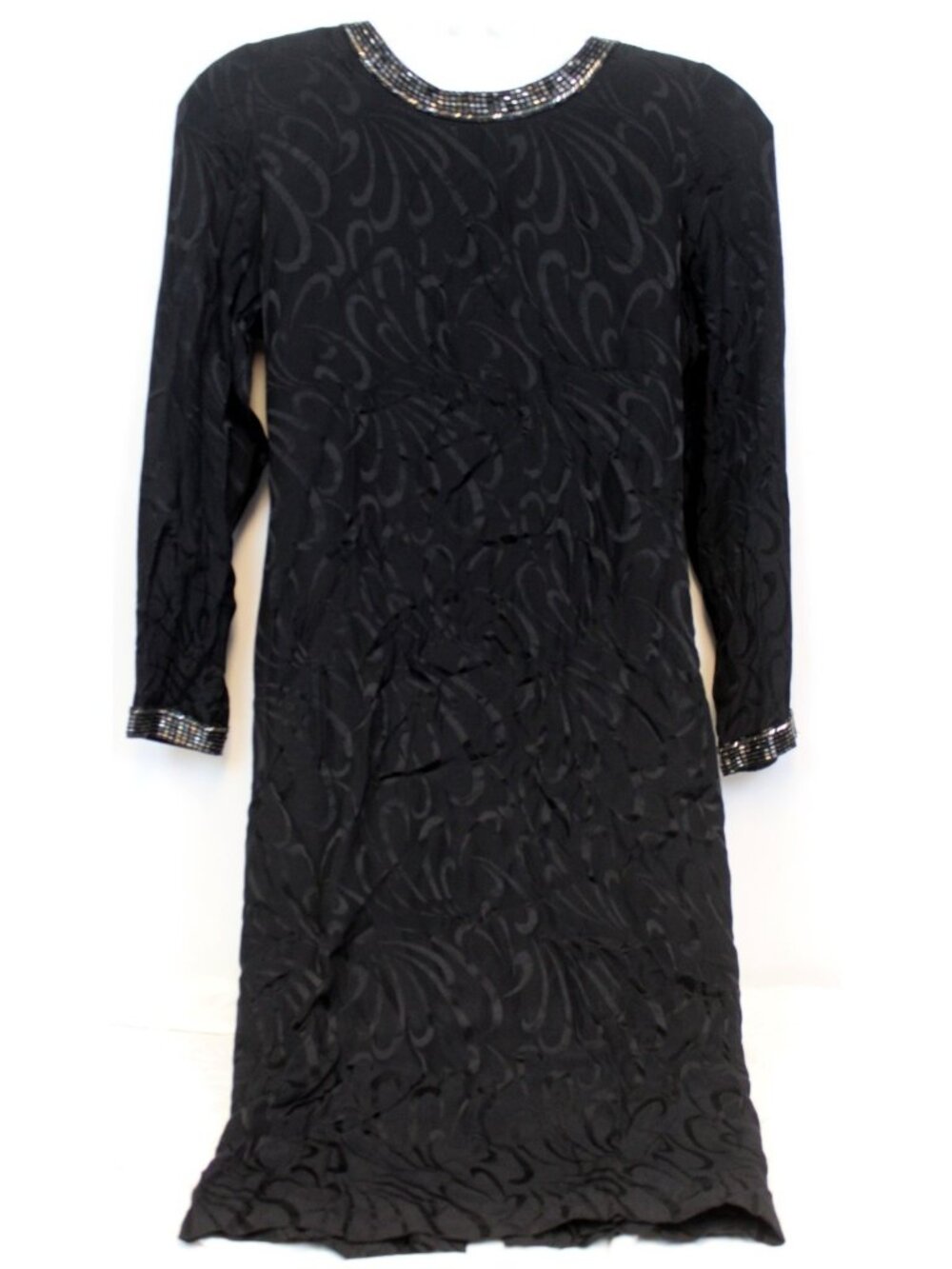 Vtg 80s Para Black Silk Beaded Jacquard Cocktail Dress V-Back Bow Gown Sz 8